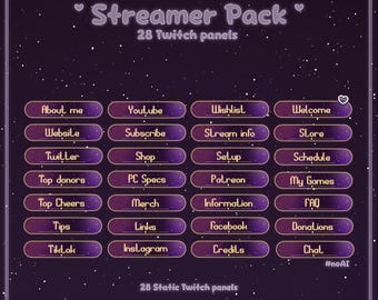 28 paneles de Twitch / Paneles de Twitch con estrellas celestiales / Paneles morados de VTuber / Paneles de transmisión mágicos y acogedores
