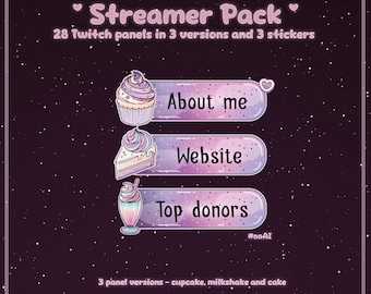 28 x 3 Sweet Treats Twitch Panels & Stickers | Kawaii Pastel Dessert VTuber Assets | Cupcake Milkshake Cake Streamer Graphics