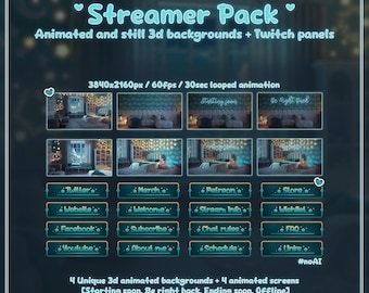 Conjunto de fondos animados de ensueño de una noche estrellada / Dormitorio acogedor / Superposición para YouTube, Vtuber y Twitch con 28 paneles