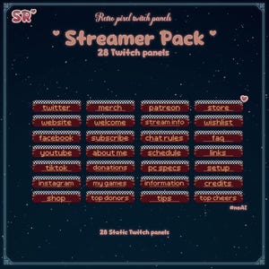 May include: A dark blue digital graphic with a retro pixel design. The image features a "Streamer Pack" with 28 Twitch panels, including options for Twitter, YouTube, and Instagram. The text is in a vintage style, with a heart symbol.