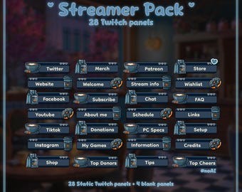 28 paneles de Twitch / Transmisión en cafetería a la luz de la luna / Paneles de Twitch de VTubers / Cafetería acogedora