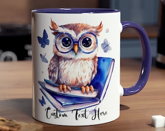 Personalised Custom Text Fun cute Owl Mug Whimsical Owl Book Two-Tone 11oz Mug: A Delightful Companion for Owl Lovers and Book Enthusiasts