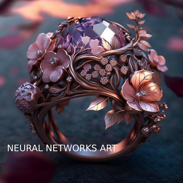 Jewelry design, Gold women's ring, sakura flowers ornament, neural network painting, AI art, digital printing, digital download