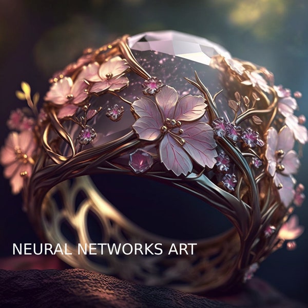 Jewelry design, golden women's ring, sakura flowers ornament,Midjourney, neural network painting, AI art, digital printing, digital download