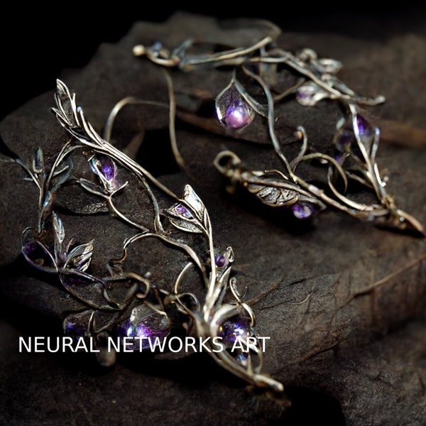 Silver earrings with lilac gemstones in elven style, Midjourney picture, neural network painting, AI art, digital printing, digital download