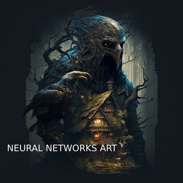 Dark forest monster or devil with birds and house, Midjourney picture, neural network paint, home AI art, digital printing, digital download