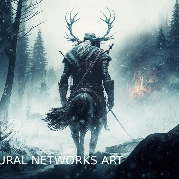 Man - deer in armor in the winter forest, Midjourney picture, neural network painting, AI art, home art, digital printing, digital download