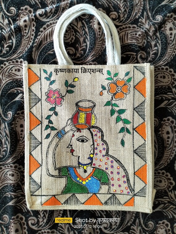 Bags with Madhubani painting  Jute bags design, Jute bags, Painted bags