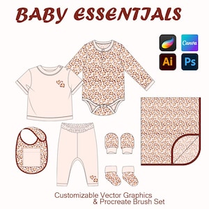May include: A baby essentials set featuring a t-shirt, long-sleeve onesie, pants, bib, mittens, socks, and a blanket. The items have a light pink base with a heart-shaped leopard print. The text "BABY ESSENTIALS" is at the top.