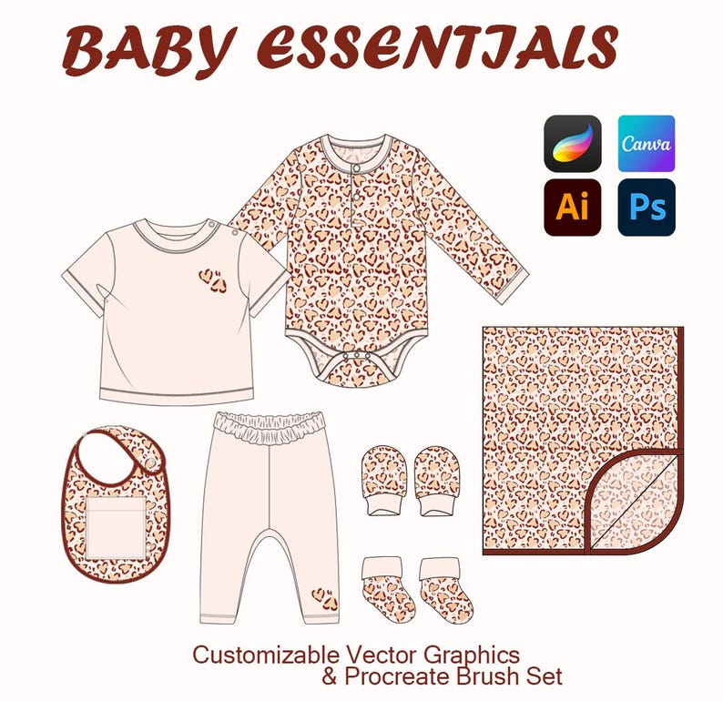 May include: A baby essentials set featuring a t-shirt, long-sleeve onesie, pants, bib, mittens, socks, and a blanket. The items have a light pink base with a heart-shaped leopard print. The text "BABY ESSENTIALS" is at the top.