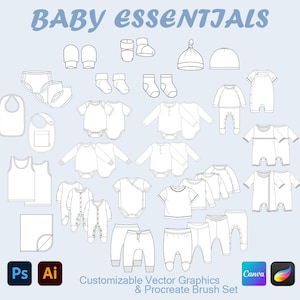 May include: A collection of baby clothing and accessories, including onesies, pants, bibs, hats, socks, and mittens, displayed in a line drawing style. The words "BABY ESSENTIALS" are at the top. The bottom of the image includes text about customizable vector graphics.