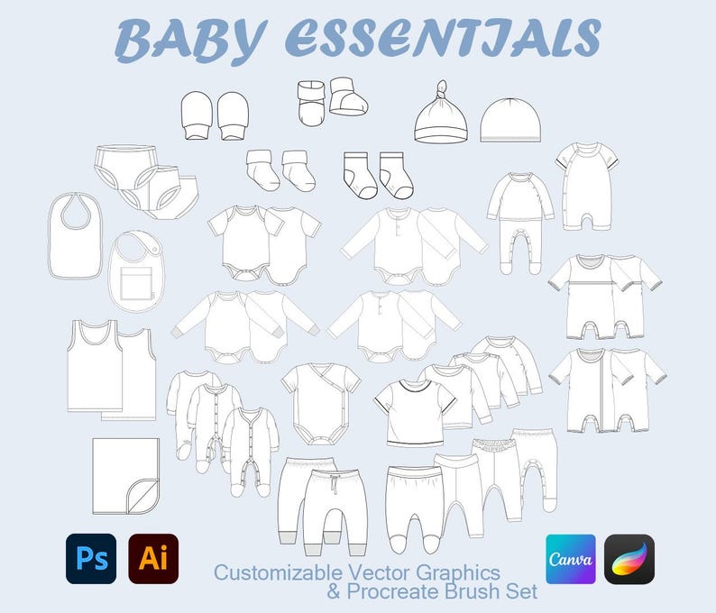 May include: A collection of baby clothing and accessories, including onesies, pants, bibs, hats, socks, and mittens, displayed in a line drawing style. The words "BABY ESSENTIALS" are at the top. The bottom of the image includes text about customizable vector graphics.