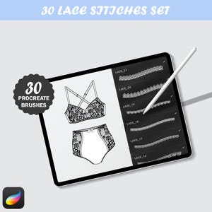 May include: A digital illustration of a black and white lingerie set, displayed on a tablet with a stylus. The tablet screen shows various lace stitch designs and the text "30 LACE STITCHES SET". A circular badge reads "30 PROCREATE BRUSHES".