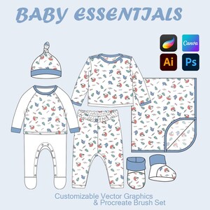 May include: Baby essentials set featuring a hat, onesie, long-sleeve shirt, pants, blanket, and booties. The white garments have a blue trim and a pattern of red, blue, and green sailboat and whale graphics. The text "BABY ESSENTIALS" is at the top.
