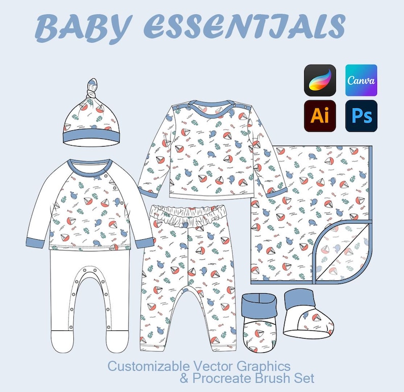 May include: Baby essentials set featuring a hat, onesie, long-sleeve shirt, pants, blanket, and booties. The white garments have a blue trim and a pattern of red, blue, and green sailboat and whale graphics. The text "BABY ESSENTIALS" is at the top.