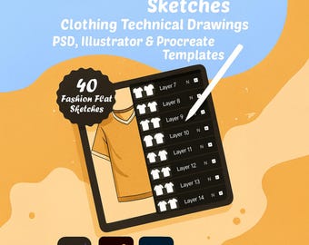 40 Fashion Flat Sketches | Clothing Technical Drawings | PSD, Illustrator & Procreate Templates