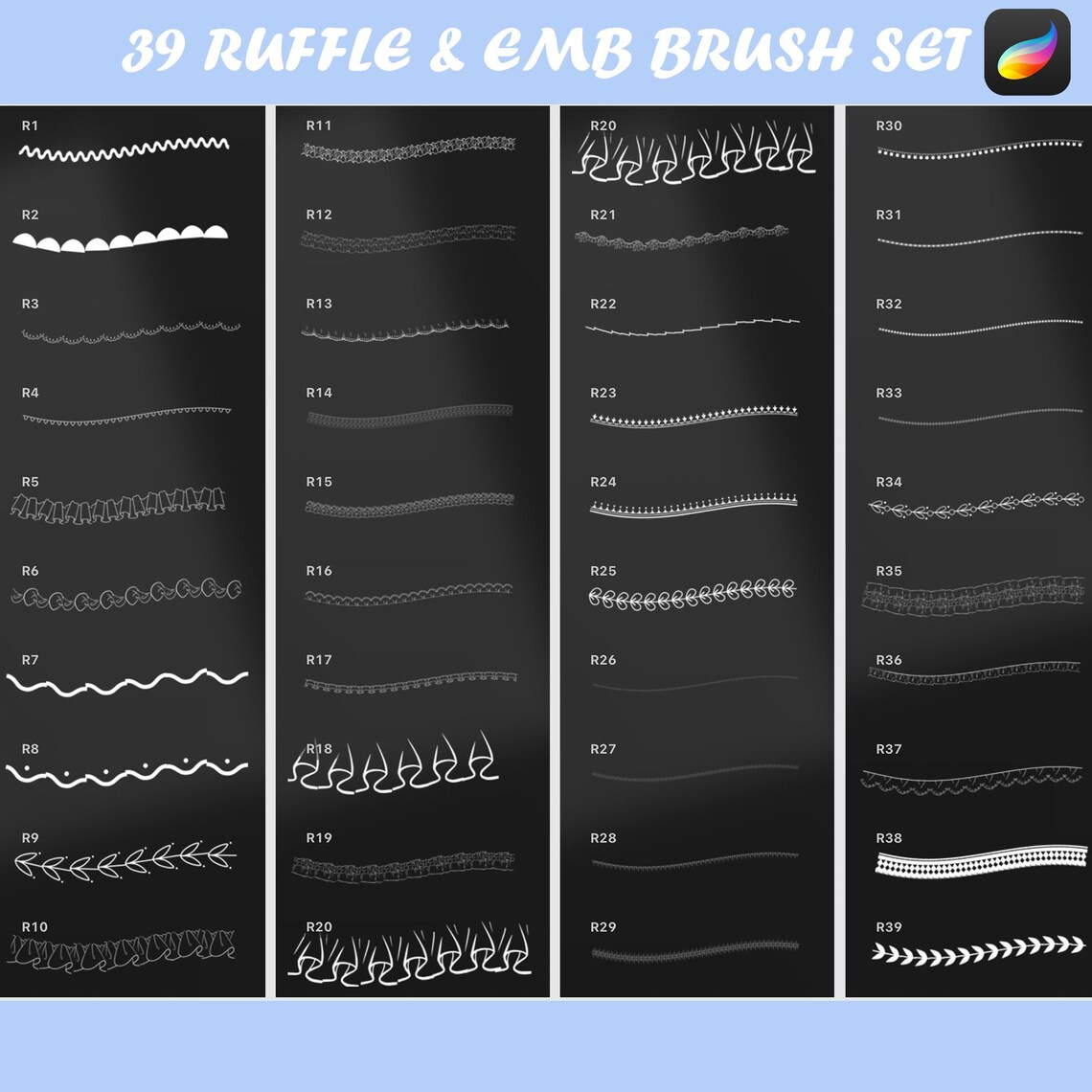 Procreate Ruffle & Emb Stitches Brush Set – 39 Unique Brushes - Etsy