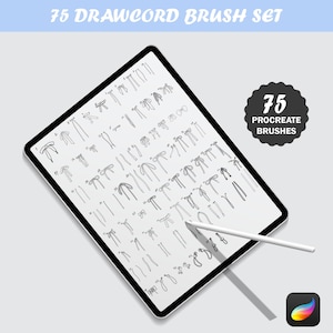 May include: A digital tablet displays a collection of 75 drawcord brush designs. The tablet is angled, with a stylus resting on the screen. Text at the top reads "75 Drawcord Brush Set." A circular badge indicates "75 Procreate Brushes."