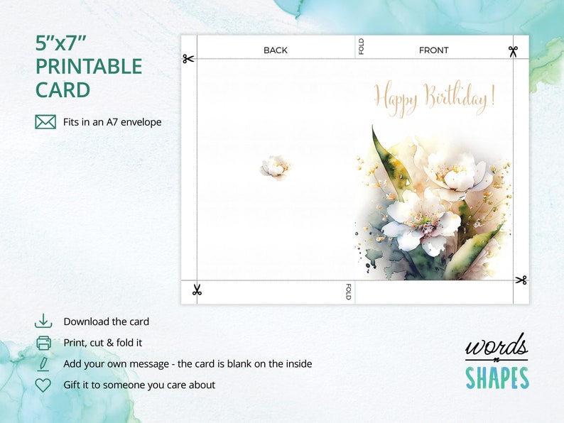 Printable Happy Birthday Card Watercolor White Flowers - Etsy