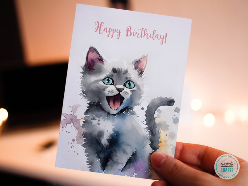 Printable Birthday Card, Cute Kitten Greeting Card, Kitten Watercolor ...