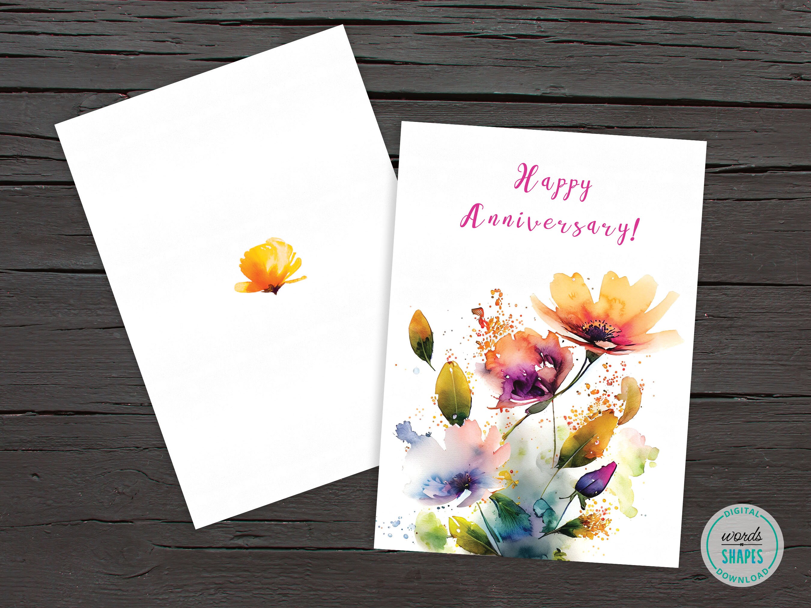 Printable Happy Anniversary Card, Watercolor Spring Flowers Card ...