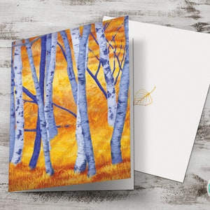 Tarjeta de felicitación imprimible multiusos con pintura de abedules, tarjeta artística para cualquier ocasión, descarga digital, tarjeta DIY