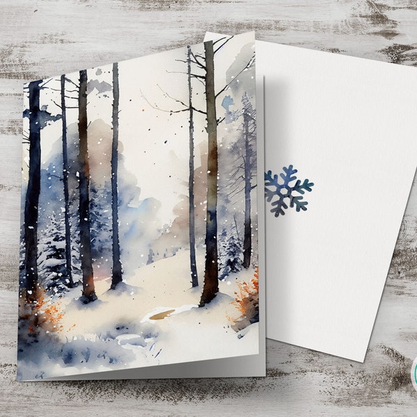 Winter Forest Watercolor Art Card, Printable Multipurpose Greeting Card, Snowy Landscape Painting, Digital Download, DIY