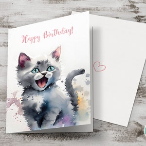 Carte d'anniversaire imprimable, carte de voeux chaton mignon, carte aquarelle chaton, carte aquarelle chat bricolage, téléchargement numérique