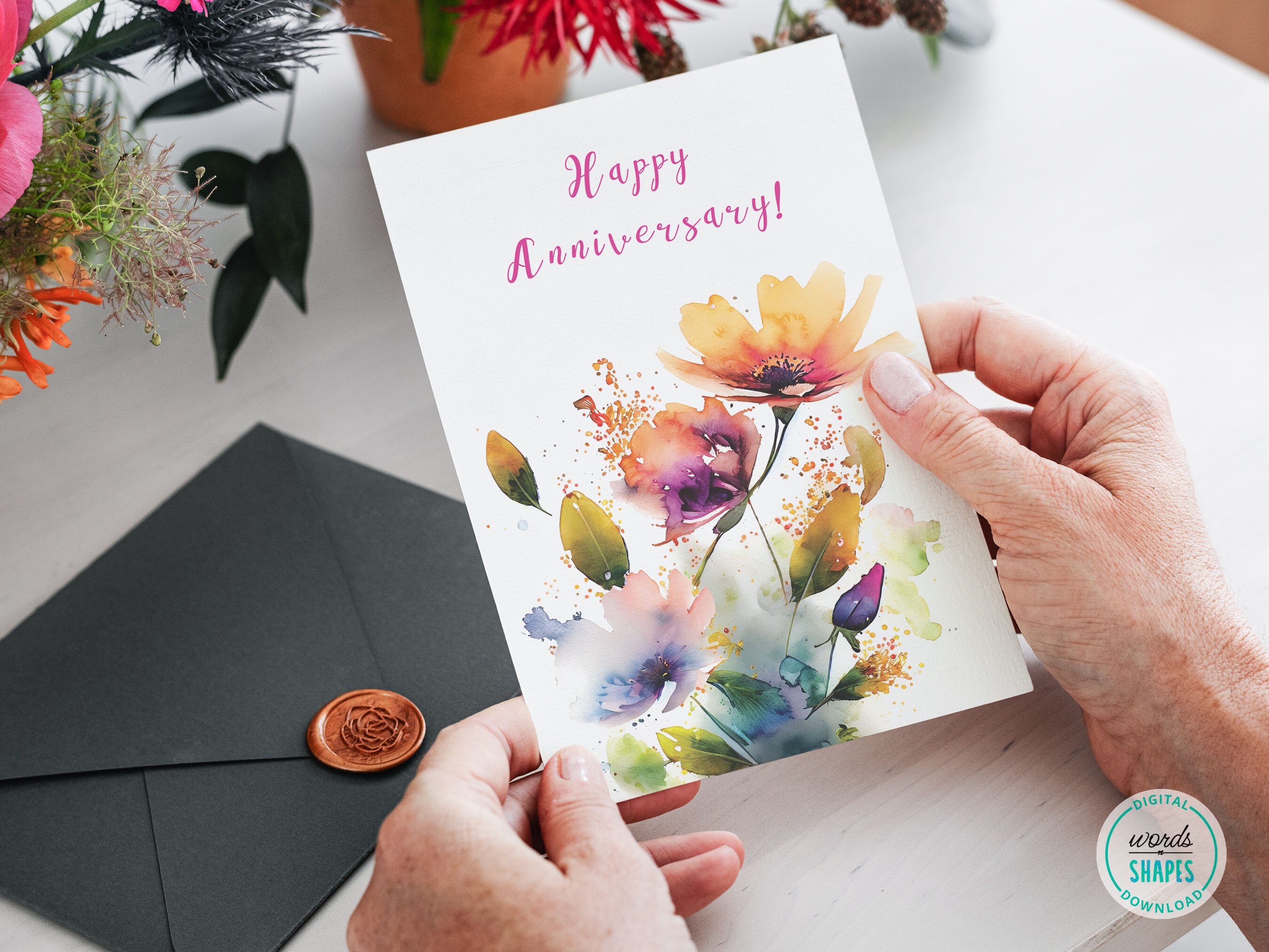 Printable Happy Anniversary Card, Watercolor Spring Flowers Card ...