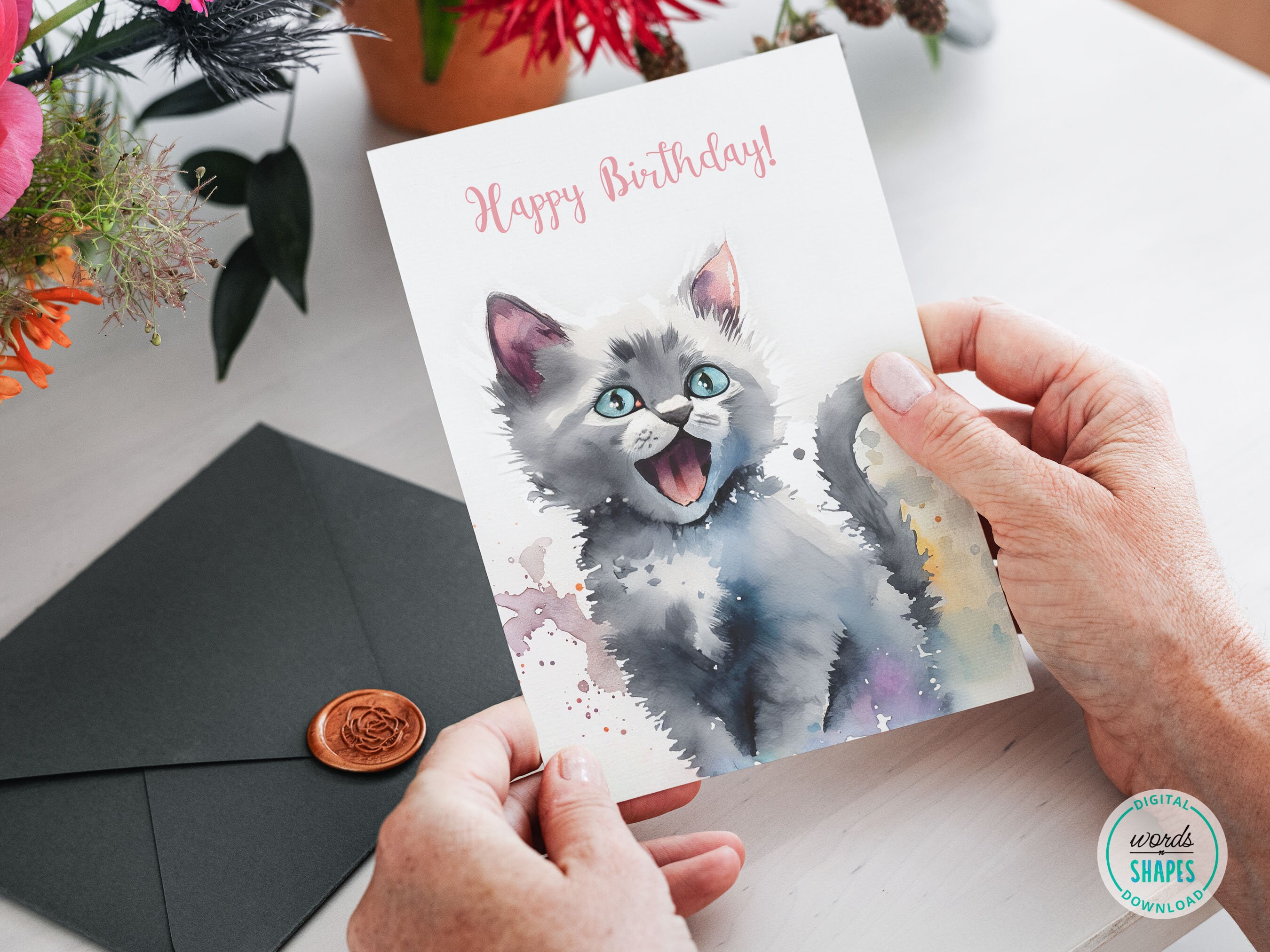 Printable Birthday Card, Cute Kitten Greeting Card, Kitten Watercolor ...