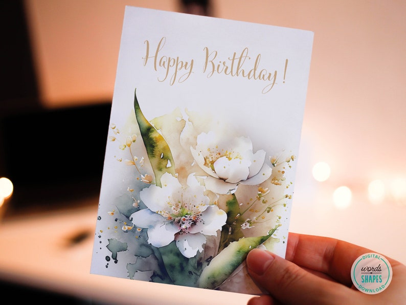 Printable Happy Birthday Card Watercolor White Flowers - Etsy