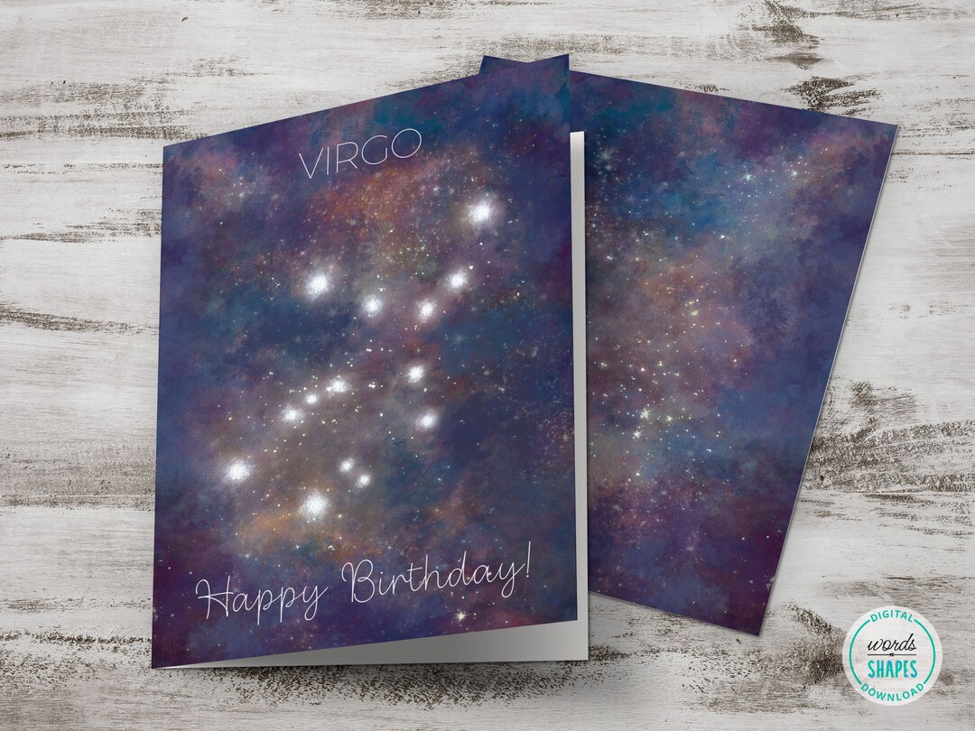 Printable Happy Birthday Card, Watercolor Virgo Zodiac Sign Card