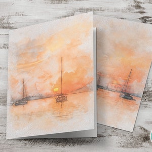 Tarjeta multiusos imprimible, acuarela romántica, tarjeta de felicitación con atardecer en el mar, para cualquier ocasión, descarga digital