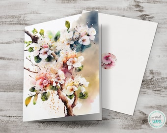 Watercolor Pink Flowers Card, Printable Greeting Card, Multipurpose Fine Art Card, Floral DIY Card, Digital Download