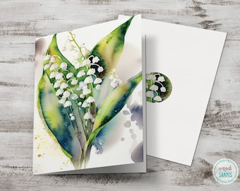 Watercolor Lilies of the Valley Card, Printable Floral Greeting Card, Flowers Aquarelle Card, DIY Card, Digital Download