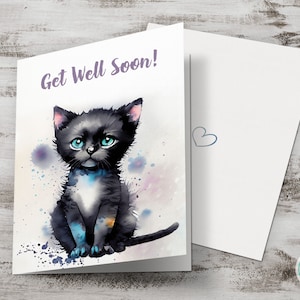 Carte de rétablissement imprimable, carte de voeux chaton mignon, carte aquarelle chat noir, carte aquarelle bricolage, téléchargement numérique