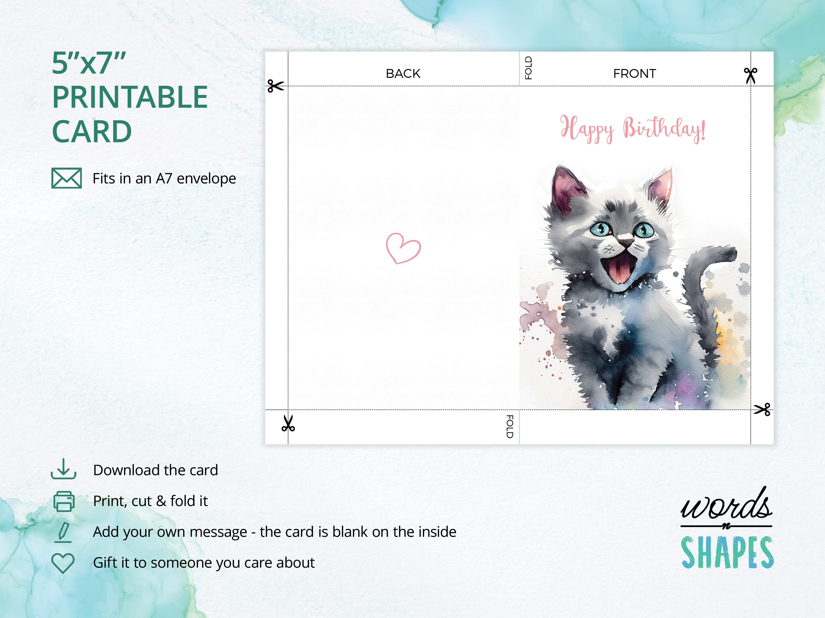 Printable Birthday Card, Cute Kitten Greeting Card, Kitten Watercolor ...