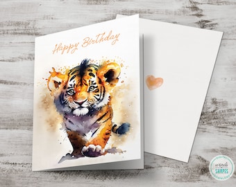 Printable Happy Birthday Card, Cute Baby Animal Greeting Card, Watercolor Tiger Cub Card, Digital Download, DIY Card