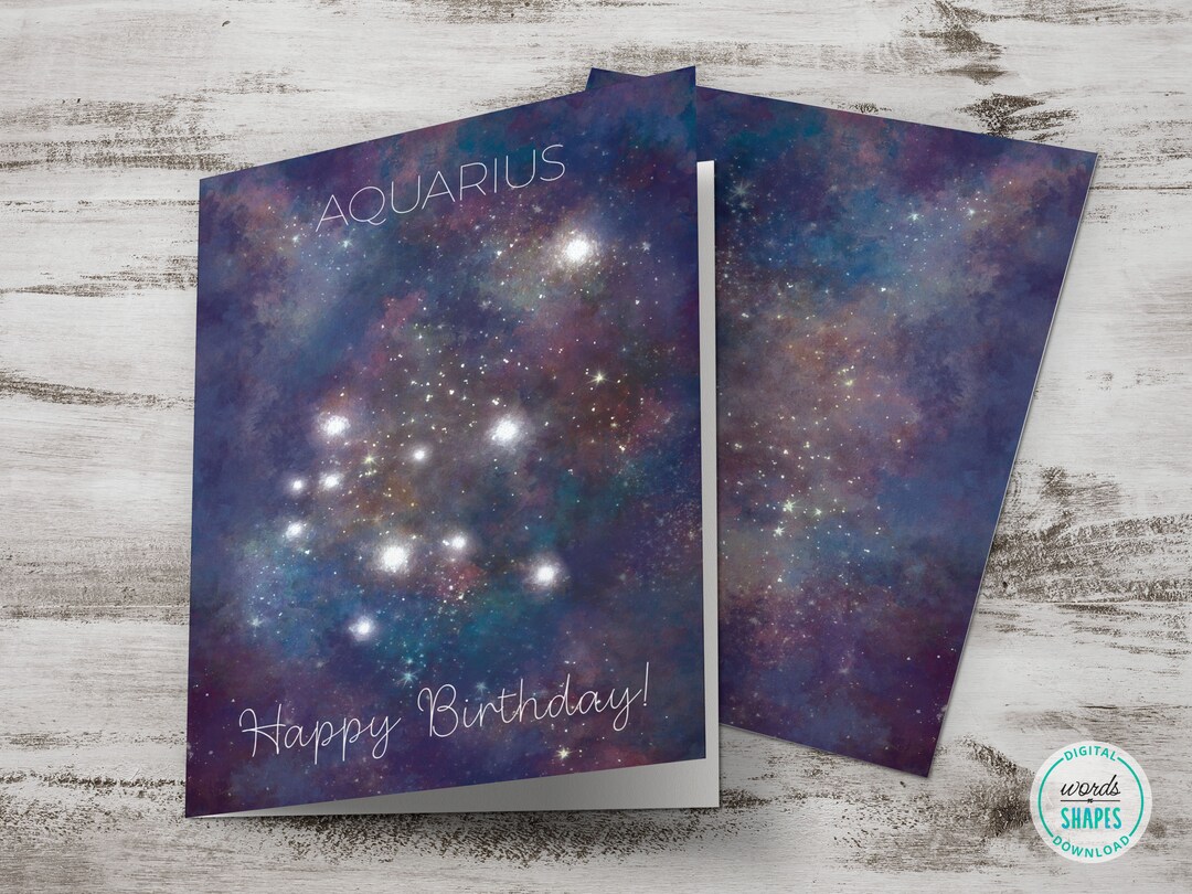 Printable Happy Birthday Card, Watercolor Aquarius Zodiac Sign Card ...