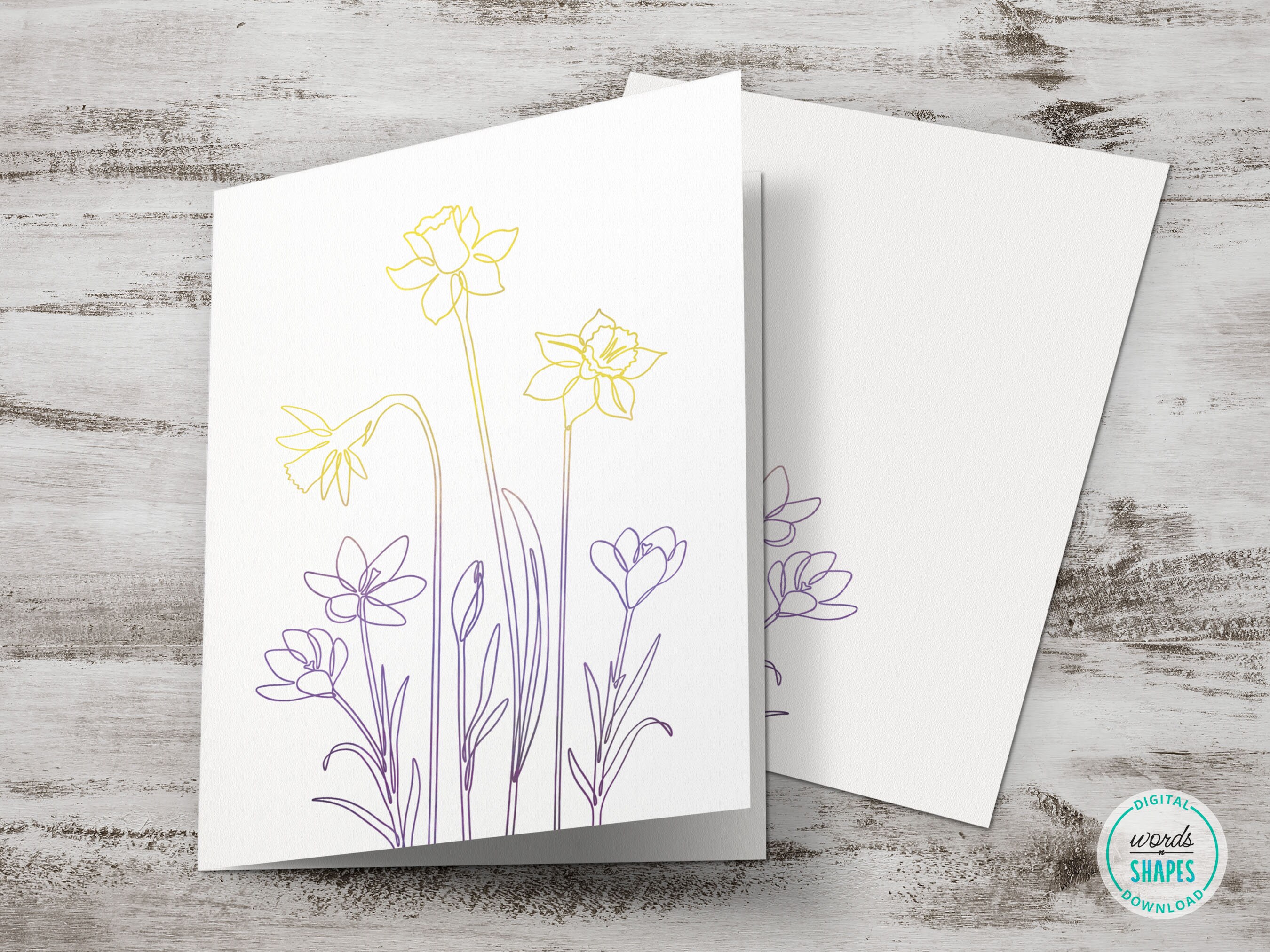Printable Spring Flowers Card, Crocus & Daffodil Line Art Card, Floral Greeting Card, Digital Download, DIY Card