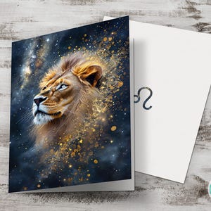 Carte d'anniversaire Lion imprimable, carte aquarelle signe du zodiaque Lion, carte de voeux Lion, téléchargement numérique, carte bricolage Fine Art