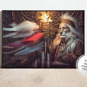 Lion Shaman - Power Animal - Soul Energy - Spiritual Love Wall Art - Esoteric Boho Poster Painting - Chakra Colors - Aura - Trance