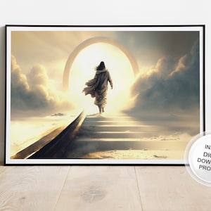 Può includere: Una stampa d'arte digitale di una persona in una veste bianca che sale una scalinata verso un portale circolare luminoso tra le nuvole.