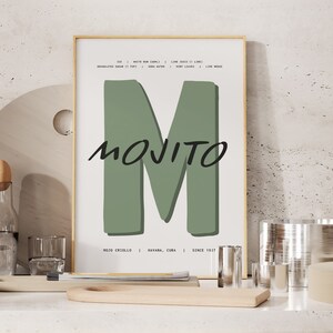 Impresión de cóctel mojito, póster de cóctel, arte mural de cóctel, receta de cóctel, regalo de cóctel, arte de bar en casa