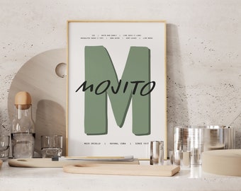 Mojitococktailreceptprint, thuisbarkunst (digitale kopie)