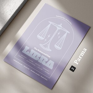 Może przedstawiać: Fioletowy plakat z białym symbolem zodiaku Wagi i tekstem "The Balanced One Libra" oraz listą cech Wagi. Plakat zawiera r&oacute;wnież tekst "Parma 2" i daty "September 23rd - October 22nd".