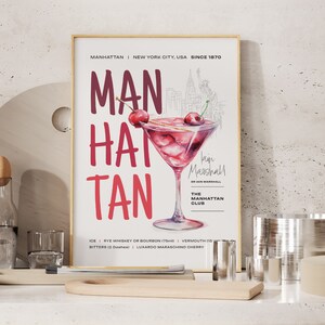 Impresión de cóctel de Manhattan, póster de cóctel, arte mural de cóctel, receta de cóctel, regalo de cóctel, arte de bar en casa, póster de alcohol, póster de bebida