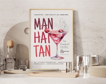 Stampa artistica con ricetta del cocktail Manhattan, decorazione per bar di casa