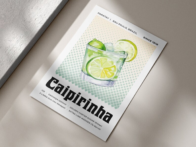 Caipirinha Cocktail Art Print, Cocktail Poster, Cocktail Wall Art, Cocktail Recipe, Cocktail Gift, Home Bar Art, Alcohol Poster image 3