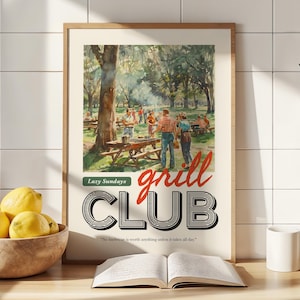 BBQ Grill Print, Lazy Sundays Grill Club Art Print, Unframed Poster, BBQ Art, Barbecue, Summer Art Print, BBQ Lover Gift, Trending Decor